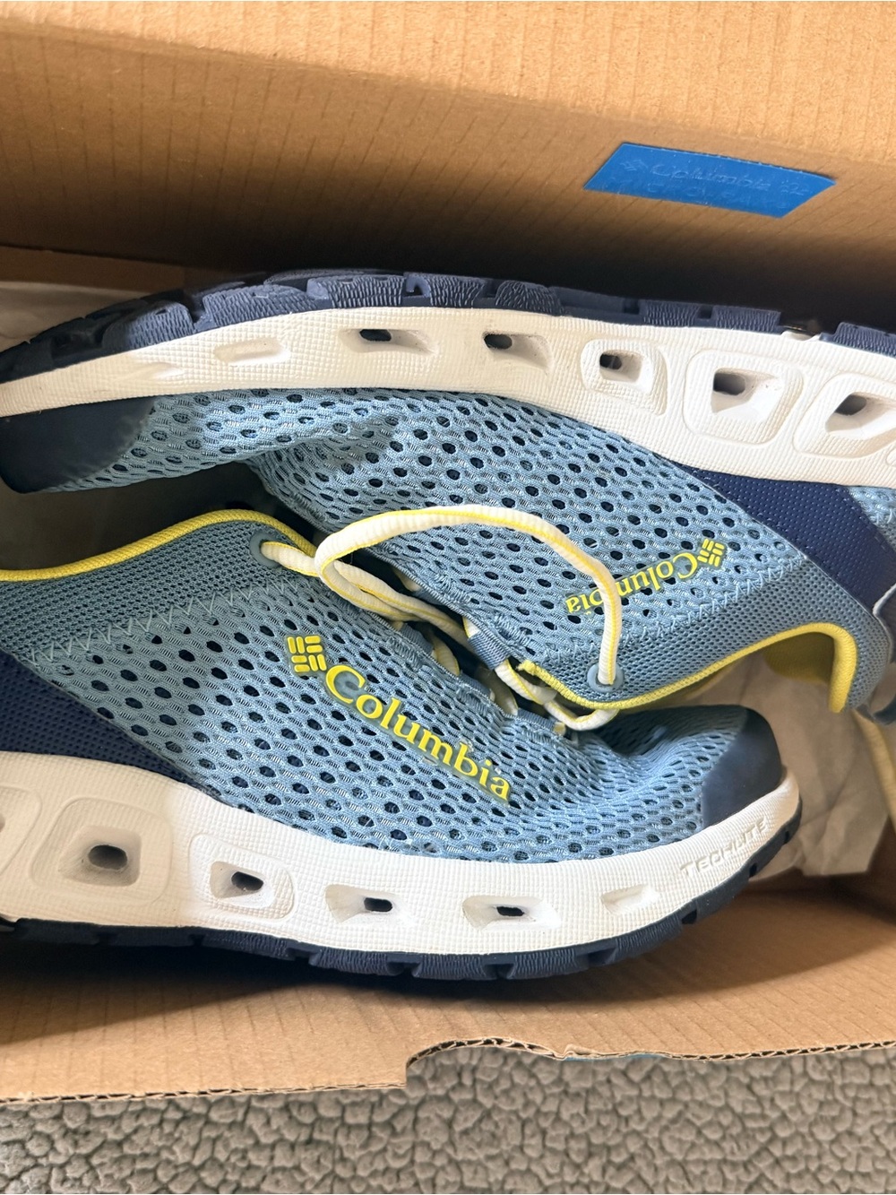 Columbia Light Blue Mesh Slip-On Athletic Shoes with Yellow Accents